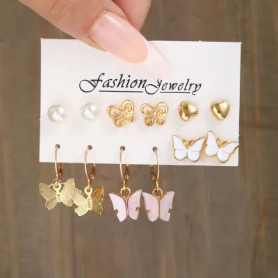 6 Pairs Fashion Retro Pearl Butterfly Earring Set 